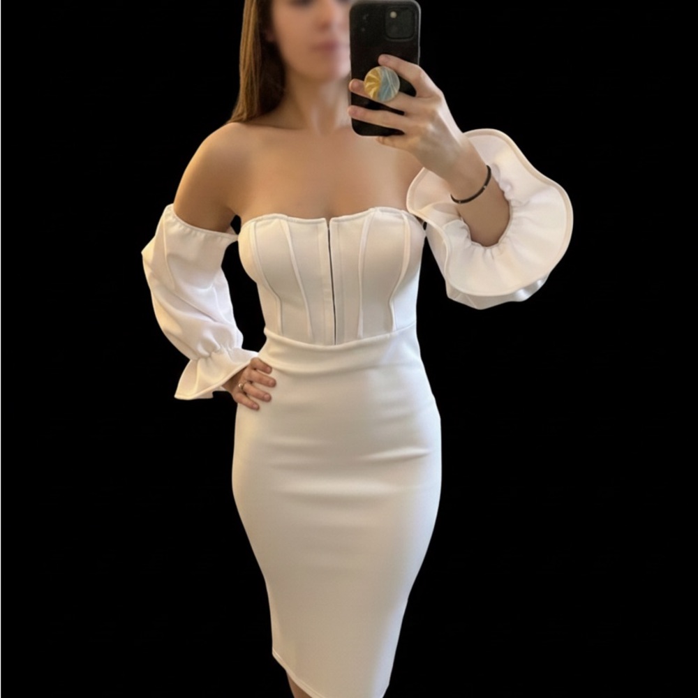 Amazon Strapless White Dress with Puff Sleeves